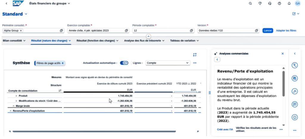 Exemple d’analyse générée automatiquement par l’IA dans SAP Group Reporting, ici sur la ligne « résultat d’exploitation ».